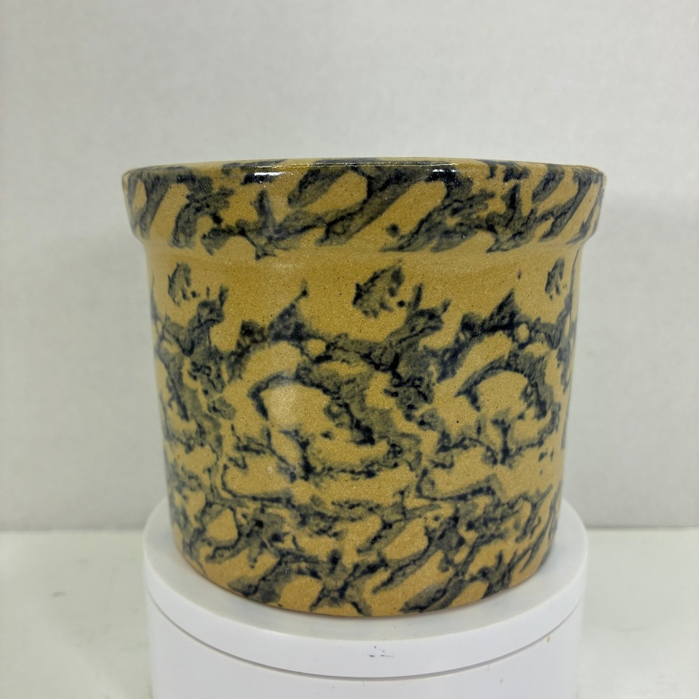Roseville Pottery R.P. Co. Blue Spongeware Crock 1 Pint Low Ohio USA Stoneware